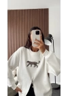 Beyaz Fermuar Detaylı Leopar Nakışlı Sweatshirt