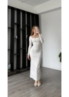 Beyaz Luis Kare Yaka Basic Uzun Elbise