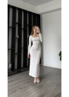 Beyaz Luis Kare Yaka Basic Uzun Elbise