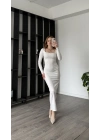 Beyaz Luis Kare Yaka Basic Uzun Elbise