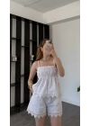 Beyaz Nicole Güpür Detaylı Şortlu Takım