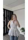 Beyaz Senna Kuşaklı Volanlı Bluz
