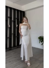 Beyaz Tiara Astarlı Şal Detaylı Elbise