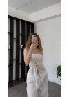 Beyaz Tül Asimetrik Büzgülü Bluz