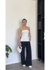 Beyaz Yandan Yırtmaçlı Straplez Bluz