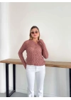 Bisiklet Yaka Ajurlu Triko Hırka Gül Kurusu