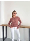 Bisiklet Yaka Ajurlu Triko Hırka Gül Kurusu