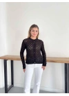 Bisiklet Yaka Ajurlu Triko Hırka Siyah