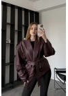 Bordo Anja Tasarım Kuşaklı Deri Ceket