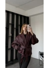 Bordo Anja Tasarım Kuşaklı Deri Ceket