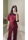 Bordo Aura Bağcıklı Saten Takım