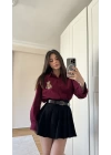 Bordo Ayıcık Nakışlı Gömlek