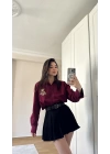 Bordo Ayıcık Nakışlı Gömlek