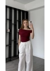Bordo Düşük Omuzlu Drapeli Bluz