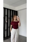 Bordo Düşük Omuzlu Drapeli Bluz