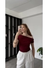 Bordo Düşük Omuzlu Drapeli Bluz