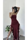Bordo Elora Fırfırlı Straplez Elbise