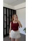 Bordo Fiyonk Askılı Bluz