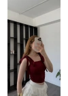 Bordo Fiyonk Askılı Bluz