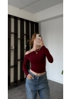 Bordo Helena Düşük Omuzlu Basic Bluz