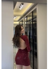 Bordo Işıltılı Sırt Dekolteli Mini Elbise