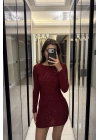 Bordo Işıltılı Sırt Dekolteli Mini Elbise
