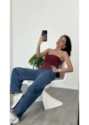 Bordo Kai Yan Yırtmaçlı Straplez Bluz