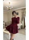 Bordo Kat Kat Volanlı Mini Elbise