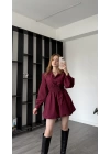 Bordo Kendra Balon Etekli Gömlek Elbise