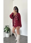 Bordo Lisa Nakış İşlemeli Kimono
