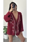 Bordo Lisa Nakış İşlemeli Kimono