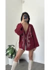 Bordo Lisa Nakış İşlemeli Kimono