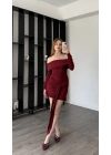 Bordo Mery Kuşak Detaylı Madonna Elbise
