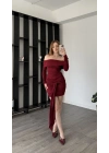 Bordo Mery Kuşak Detaylı Madonna Elbise