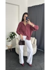 Bordo Oversize Çizgi Desen Gömlek