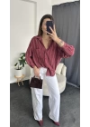 Bordo Oversize Çizgi Desen Gömlek