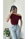 Bordo Tek Omzu Düşük Büzgülü Basic Bluz