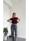 Bordo Tek Omzu Düşük Büzgülü Basic Bluz