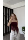 Bordo Tül Asimetrik Büzgülü Bluz