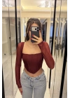 Bordo Tül Kollu Korse Bluz