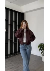 Bordo Wenna Oversize Bomber Deri Ceket