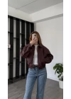 Bordo Wenna Oversize Bomber Deri Ceket