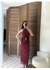 Broş Detaylı Halter Yaka Dantel Elbise Bordo