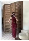 Broş Detaylı Halter Yaka Dantel Elbise Bordo