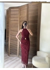 Broş Detaylı Halter Yaka Dantel Elbise Bordo