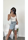 Buz Mavi Önden Yırtmaç Detaylı Dar Kalıp Mini Denim Etek