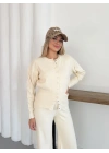 Çıtçıt Detaylı Hırka-Pantolon Triko Takım Bej