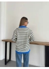 Çizgi Detaylı Triko Kazak Mavi