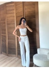 Çizgili Straplez Takım Beyaz