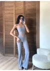 Çizgili Straplez Takım Gri